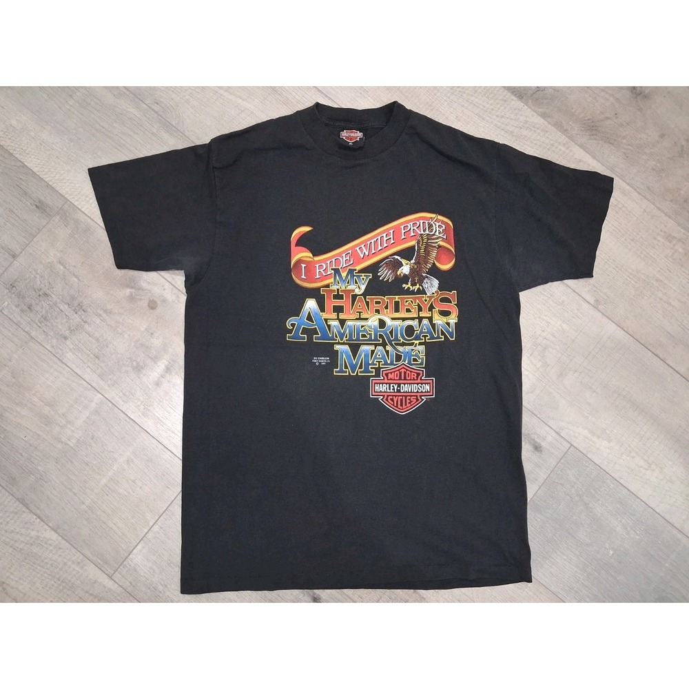 Vintage 80s Harley Davidson Shirt Men XL Black 3D Emblem I Ride With Pride